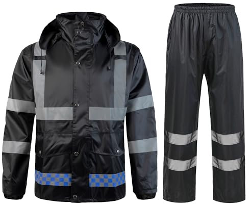 Yukirtiq Herren Regenanzug Wasserdichten Anzug mit Reflexstreifen Regenjacke mit Kapuze Regenhosen Fahrrad Arbeitskleidung Outdoor Regenmantel Winddicht Regenjacke, Schwarz, L