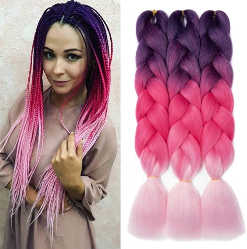 Dcbaboo Rajout Cheveux Tresses Meches pour Tresses Africaine Jumbo Braids Meches Extension de Cheveux Tresse 3 Paquet Mèche Cheveux pour Tresse Africaine Ombre Synthétique, Violet/Rose rouge/Rose