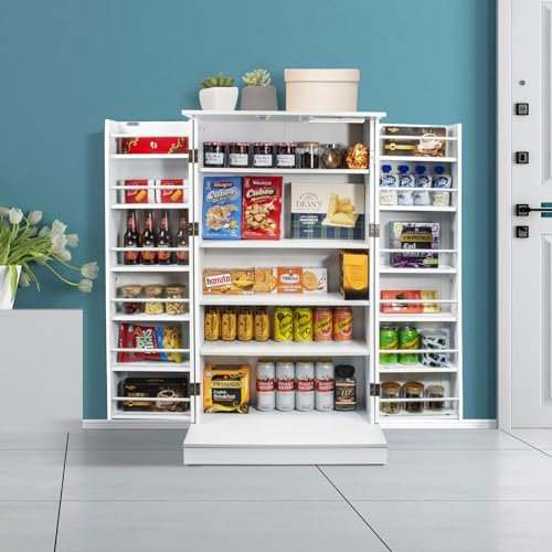 Ezigoo Kitchen Pantry Cabinet Free Standing Storage Cupboard White with Doors & Adjustable Shelves for Kitchen, Living Room and Dinning Room