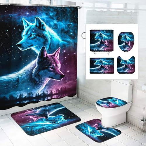 SMchwbc Wolf - Set di 4 tende da doccia con luna foresta, lupi, 180 x 200 cm, in poliestere, set da 4 pezzi (200 x 240 cm (larghezza x altezza), 6)