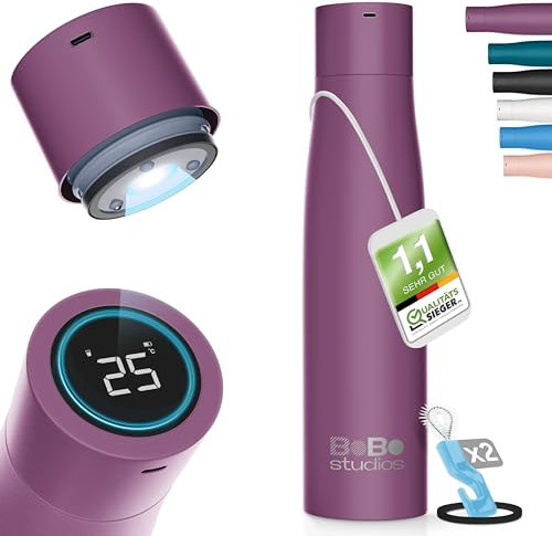 BoBo Studios® 500 ml Smart Bottle Insulated Bottle Stainless Steel UVC Sterilisation Against Bacteria Viruses, 24 Hours Cold, 12 Hours Hot, Drinking Reminder, Display, Self-Cleaning, Accessories