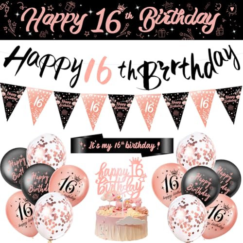 16th Birthday Decorations for Girls - Banner, Balloons, Bunting, Sash, Triangle Flags, Ribbon and Cake Toppers for Happy Sweet Sixteen Party