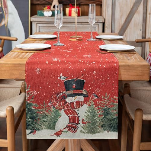 Becellen Tischläufer Weihnachten, Schneemann Leinen Weihnachtstischläufer Modern Rot Tischläufer Winter Waschbar Weihnachtsdeko Tisch für Weihnachten Esstisch Dekor