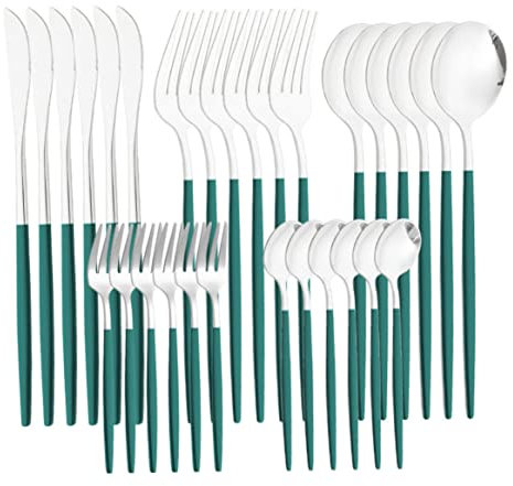 BEAHING 30PCS Silverware Set, Tableware Cutlery Set Stainless Steel Utensil Set Kitchen Cutlery for Home Office Restaurant Dark Green