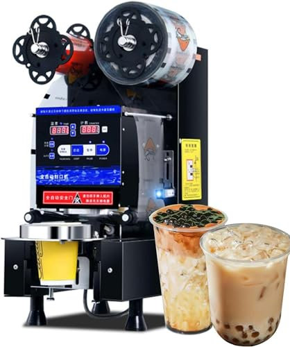 CASEGO Automatic Drink Cup Sealer Milk Tea Shop Plastic Paper Cup Sealing Machine For 9/9.5CM Electric Tea Film For Business (Black 110v)