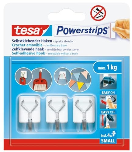 tesa Powerstrips Klebehaken Small - selbstklebende Haken mit abnehmbarem Drahthaken - wiederverwendbare Wandhaken für Bad oder Küche - Montage ohne Bohren - Weiß - 3 x Haken, 4 x Powerstrips
