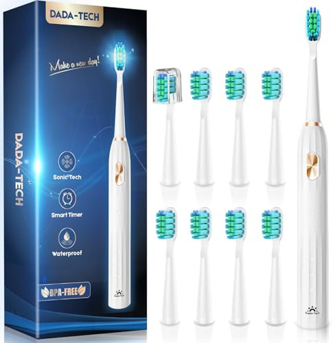 Electric Toothbrush, Elektrische Zahnbürste für Erwachsene und Kinder, Schallzahnbürste mit 90% Abgerundeten Borsten 5 Putzmodi Integrierter Timer und 9 Zahnbürstenköpfen (Weiß)