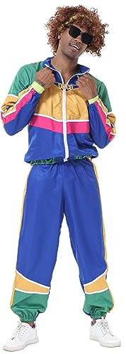 mewjoy 2-teilige 80er Jahre Outfit Hippie Disco für Männer 90er Jahre Anzug Kostüm Farbblock Windbreaker Hip Hop Sportswear