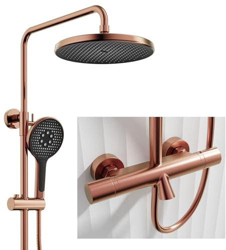 HKTHE Duschsystem, HSS0555 Modern und Schlicht Duschset, 10/25cm Runden Duschkopf, Regendusche mit Armatur, Handbrause 3 Modes, Badewannenarmatur, 59A Kupfer, Höhenverstellbar