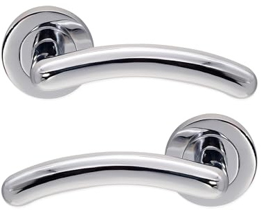 Infinity Decor Pair of Tang Curved Lever Door Handle on Round Rose Set Polished Chrome Interior Pull Handles – Ideal for Interior and Exterior use