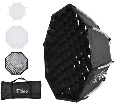 Qukaim TRIOPO K3 - Softbox ottagonale da 65 cm, installazione rapida, supporto Bowens rimovibile, diffusore, griglia a pettine, borsa da trasporto per luce video da studio Speedlight