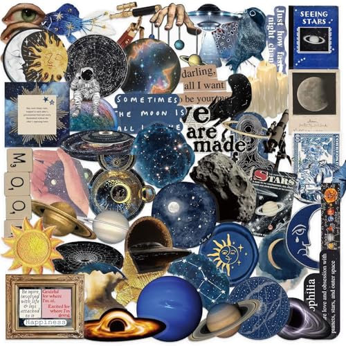 50 Pcs Space Stickers Laptop Car Scrapbook Phone Skateboard Suitcase Luggage Bike Galaxy Outer Transparent Vinyl Waterproof Aesthetic Personalised Stickers for Teens Boys Girls Adults