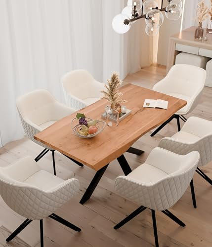 Linele® Essgruppe – Baumkantentisch mit 6 Stühlen – Massivholz Esstisch aus Akazienholz mit Spider-Gestell – 360° drehbare Stühle mit Samtbezug, PVC-frei & OEKO-TEX® zertifiziert (Beige, 200 x 100 cm)