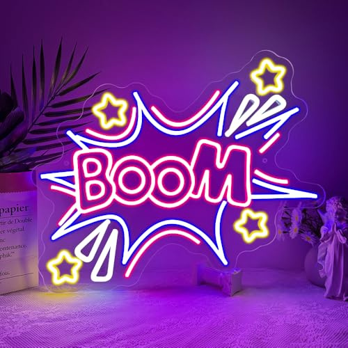 Boom Insegna Neon Room Decor,Cool Stella Neon LED per Bar Nightclub Party Garage Man Cave Gaming Room Sala Giochi Camera da Letto,Scritte LED Regalo Colorati per Uomini Donne USB Powered（12.4*16.7）