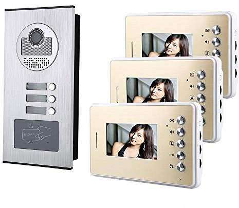 JKJZSALJ Sistema di Citofono con Videocitofono da 4,3 Pollici per 3 Appartamenti/Case, RFID Ir-Cut HD 1000Tvl, Telecamera con 3 Pulsanti E 3 Display Impermeabili