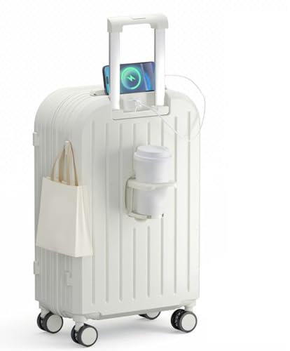 Bluethy 20 Suitcase, Lightweight Suitcase with USB Interface Cup Holder Hanging Hook and Code Lock, Spinner Wheel Luggage Suitcases, Trolley Luggage Suit Case White 20Inch