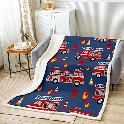 Homemissing Cartoon Auto Kuscheldecke Feuerwehrwagen Decke 150x200cm für Bett Sofa Couch Kinderzimmer Dekoration Feuerwehrmann Wohndecke Feuerwehrleute Auto Fahrzeug Löschfahrzeug Blau Rot