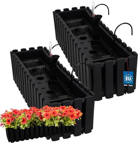 KOTARBAU® Blumenkasten Balkon 58x18x16cm, Balkonkasten mit Wasserspeicher | Blumenkasten Balkongeländer, Balkonkasten mit Halterung, Pflanzkübel rechteckig, Selbstbewässernd, PVC, Anthrazit, 2er Set