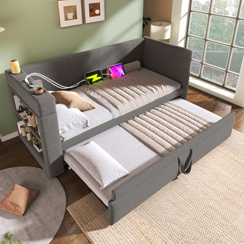 ANIROY Daybed Upholstered Bed 90x190cm, 3FT Single Sofa Bed with Cup Holders, USB &Type C Charging Station, Sofabed with Pull out Trundle for Living Room and Bedroom, Linen, No Mattress, Grey