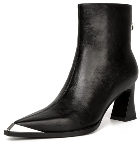 Bouwno Black Pointed Toe Ankle Boots for Women Metal Leather Side Zipper Chunky Block Heels Comfortable Fall Booties Women Short Boots