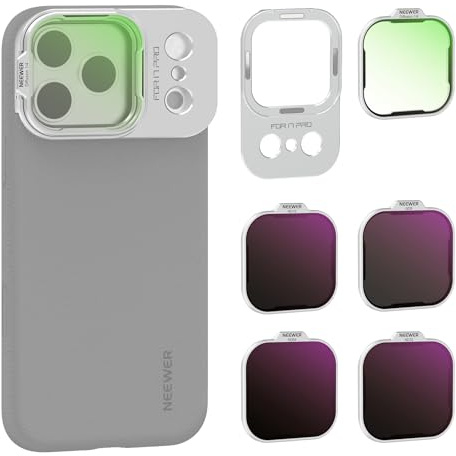 NEEWER ND Filter Set Solo Compatible con iPhone 17 Pro Case (PA133), Densidad Neutra ND8/16/32/64 + Difusión Negro 1/4 Filtro de Efecto Cinematográfico de Niebla + Placa Posterior Magnética, Plateado