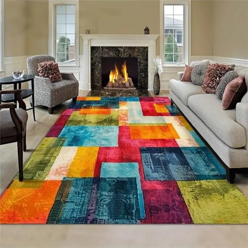 Abstrakter Geometrischer Teppich, 120x180cm, Vintage-Patchwork Mit Farbenfrohem Karomuster, Stilvoller, Künstlerischer Wohnzimmerteppich, Rutschfest, Waschbar, für Wohnzimmer, Eingangsbereiche