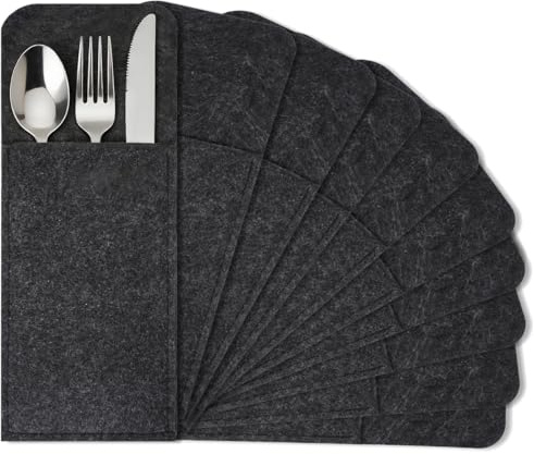 10 Stück Bestecktaschen Filz 25cm x 10cm, Filz Bestecktasche Grau Abwaschbar, Geeignet zum Aufbewahren von Besteck, Besteck-Aufbewahrungstasche, Perfekt für zu Hause, Partys, Unterwegs und Camping