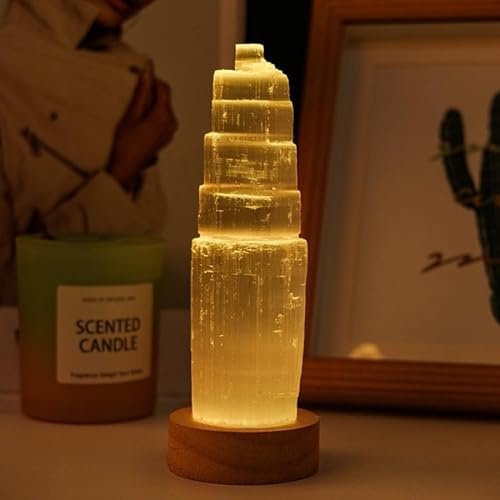 Diagwache Selenit Kristall Lampe LED mit 7 Farben – USB Kristallberg Nachtlicht, Edelstein Stimmungslicht für Meditation, Yoga & Wohnraum Deko (20cm,Weiß)