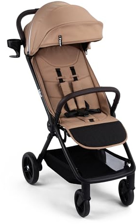 Kidnort Snøugle Reisebuggy Kinderbuggy ab Geburt bis 22 kg mit Liegefunktion leicht faltbar Einhand Autofold 5 Punkt Gurt Federung an allen Rädern erweiterbares Verdeck kompakt Schwarz Beige