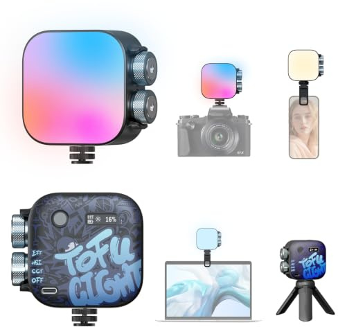 Photoolex Tofu Magnetic RGB Video Light, Portable LED Camera Light - Black | CRI96+ Full Color, 2500K-9900K, 2000mAh Rechargeable Led Light, 1/4 Screw, 21 Effects for Vlog, Stream & Video Shoot