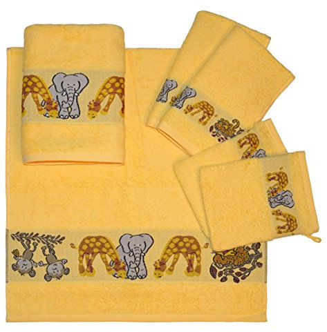 Dyckhoff Kinder Frottier 6-TLG Handtuch-Set AFFE, 2 Handtücher 50x100cm, 2 Gästetücher 30x50cm, 2 Waschhandschuhe 16x21cm, 100% Baumwolle, Oeko-Tex Standard 100, Gelb