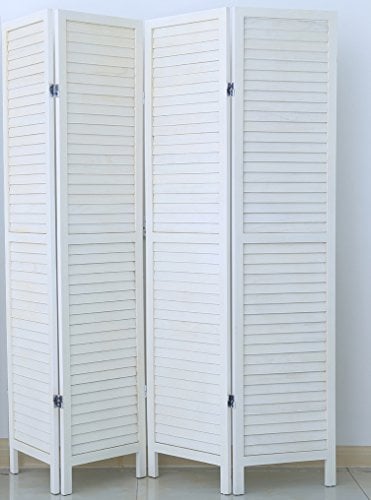PEGANE Paravent persienne de 4 pans en Bois, Coloris Blanc lasuré Effet brocante- Dim : H170 x L160cm