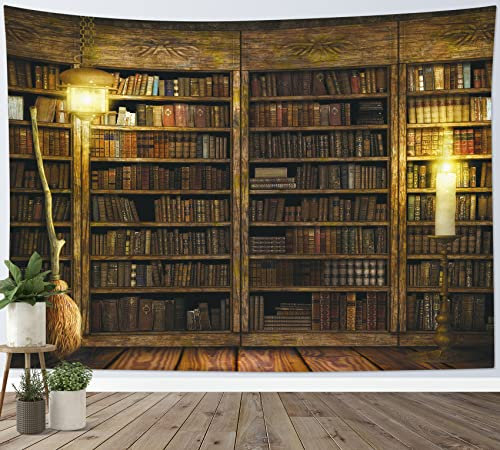HVEST Halloween Tapestry Library Tapestry Wall Hanging Magical Books on Bookshelf with Witch's Broom Wall Blanket for Bedroom Living Room Dorm Decor,60 W X 40 H Inches