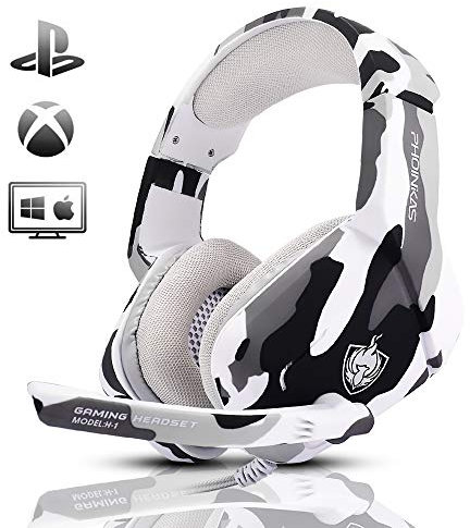 PHOINIKAS Gaming Headset for PS4, Xbox One, PC, Laptop, Mac, Nintendo Switch - 3.5MM Over Ear Headset with Mic, Noise-Cancelling, LED Light, Bass Surround - Camo