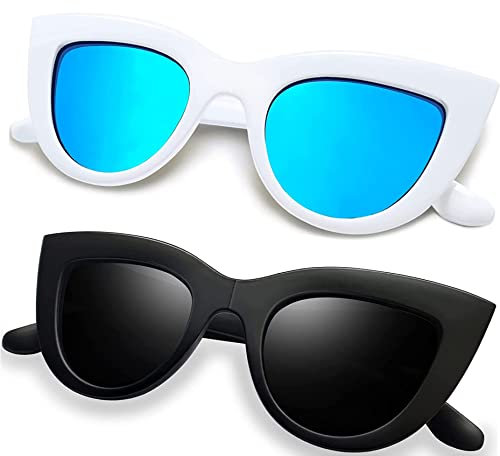 Joopin Cateye Sonnenbrille Damen und Sonnenbrille Damen Polarisiert UV400 90er Klassisch Vintage Retro Dreieck Katzenauge Brille Doppelpack (Schwarz und Blau)