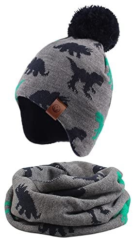 XIAOHAWANG Gestrickte Babymütze, Winter, warme Mütze mit Fleecefutter für Jungen, Mädchen, mit Bommel, 4-7 Jahre