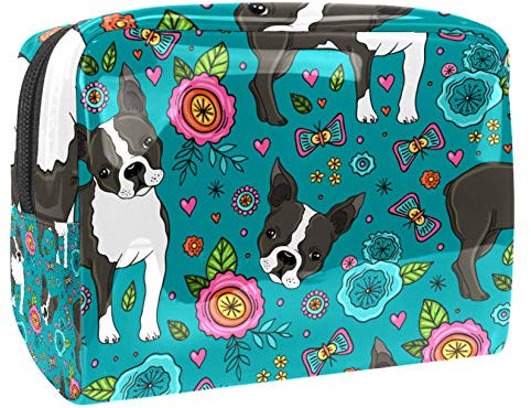 Tragbare Make-up-Tasche mit Reißverschluss, Reise-Kulturbeutel für Frauen, praktische Aufbewahrung, Kosmetiktasche, Boston Terrier und schöne Blumen