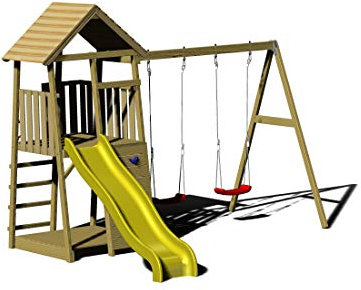 Wendi Toys J5 Outdoor-Klettergerüst, Holzspielplatz für Kinder mit Doppelschaukel, Rutsche, Kletterwand und Sandkasten, Robustes Holz, Naturfarbe, 300 x 340 x 270 cm, Alter 4–10