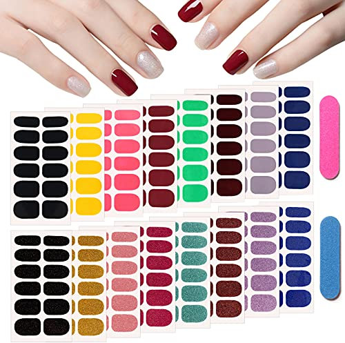 EBANKU 16 Blatt Glitzer Nagellack Aufkleber Nagelsticker Selbstklebende Nagelfolie Einfarbige Nagel Abziehbilder Nail Art Aufkleber mit 2 Nagelfeilen Für Frauen Mädchen Nagelwickel