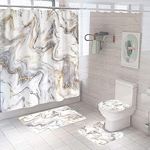 Marble Shower Curtain with Bath Mats Sets, 4 Pcs Gold Abstract Washable Bathroom Décor Set with Toilet Lid Cover, Non-Slip Rugs, Absorbent Pads and Waterproof Bathtub Curtains with Hooks (Silver)