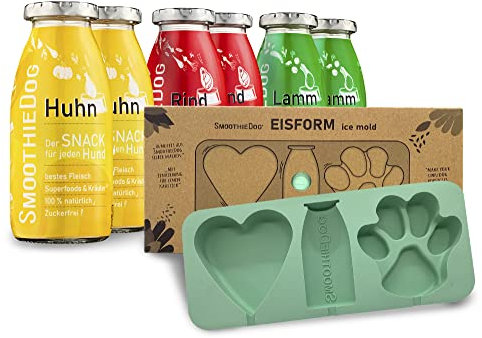 SmoothieDog Eisform für Hundeeis + 6er Mix Klassik - Natürlicher Hundesnack für Hunde, mit hochwertigen Zutaten, gluten- und zuckerfrei, 3 leckere Sorten - Lamm, Rind, Huhn, 6x 250 ml