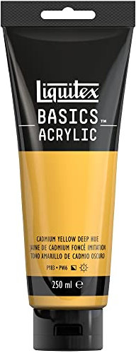 Liquitex 88700217 Basics - Peinture acrylique, peinture artistique monopigmentée, résistante à la lumière, qualité archive, finition satinée, tube de 250 ml - Jaune Cadmium Foncé Imitation