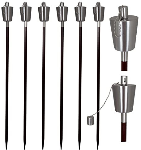 Trendyshop365 Öl Gartenfackel 108cm groß für Draußen zum Nachfüllen Edelstahl Echtholz (6 Stück)