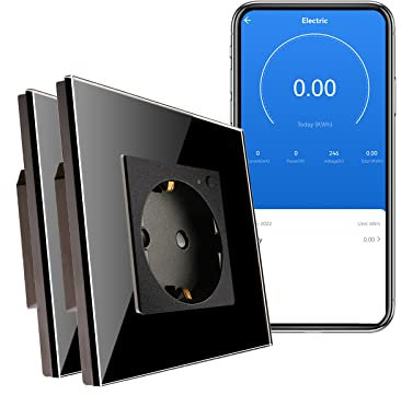 CNBINGO WLAN Schuko Steckdose unterputz mit Strommessung, 16 Amp Glas Smart Steckdose Arbeit mit Alexa(Echo, Echo Dot), Google Assistant, Nur 2.4 GHz WiFi, 1 Fach, Grau, 2er Pack