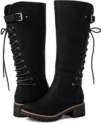 GLOBALWIN Women's Lace Up Back Knee High Fashion Boots, 19yy29 Black2, 9 UK