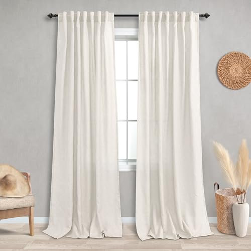 KOUFALL Leinen-Vorhänge für Wohnzimmer, 213 cm lang, 2 Paneele, Creme-Beige, neutrale Boho-Lichtfilterung, halbtransparente Vorhänge für Schlafzimmer, 213 cm lang, Elfenbeinfarben/gebrochenes Weiß