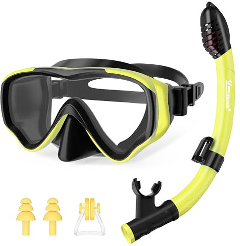 UPhitnis Schnorchelset Kinder - Taucherbrille Anti-Fog und Trocken Schnorchel - Anti-Leck Tauchmaske Dry Schnorchel - Schnorcheln Set für Jungen Mädchen - Rosa, Blau, Schwarz, Gelb