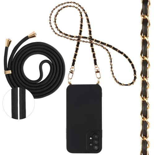 Pnakqil Coque avec Cordon pour Samsung Galaxy A52 (4G/5G) / A52s 5G 6,5, Étui de Téléphone avec 2 Chaine Bijoux Bandouliere Collier Corde, Noir Mat TPU Silicone Antichoc Bumper Housse, Laniere 2