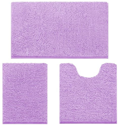 wyewye Bath Mat Set 3 Pieces, Non-Slip Back Chenille Bathroom Mat, 50x80cm 40x60cm Bath Rug and U-Shaped Contour Toilet Mat, Soft and Absorbent Bath Mat Sets, Light purple, BR-08