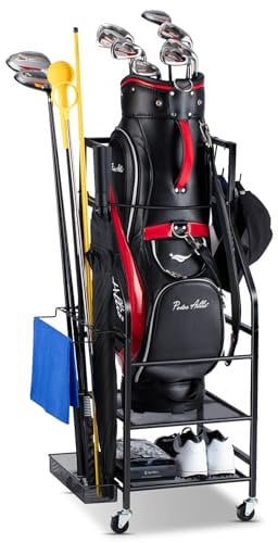 FHXZH Golftaschen, Aufbewahrung, Garage, Organizer, Golftaschen-Ständer, passend für einzelne Golftaschen, Golfschläger und Golfausrüstungszubehör, Golftaschen-Aufbewahrungsregal mit Rädern für